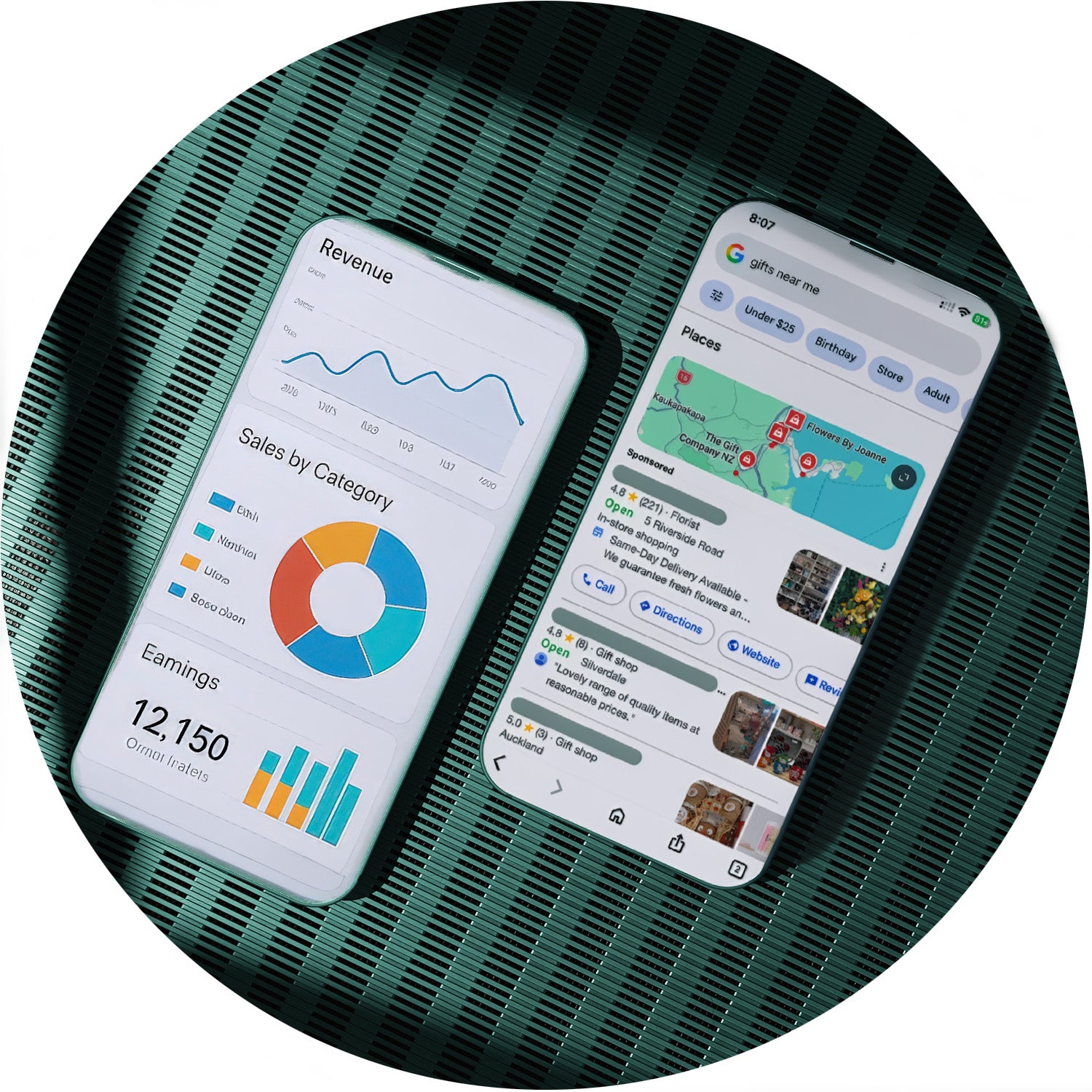 Two smartphones displaying digital analytics and SEO messaging interfaces, placed on a dark green ribbed circular surface.