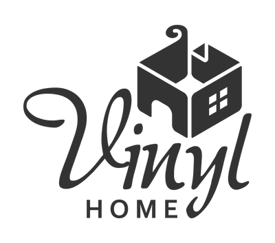 Black logo of 'Vinyl Home' with a house icon on a white background