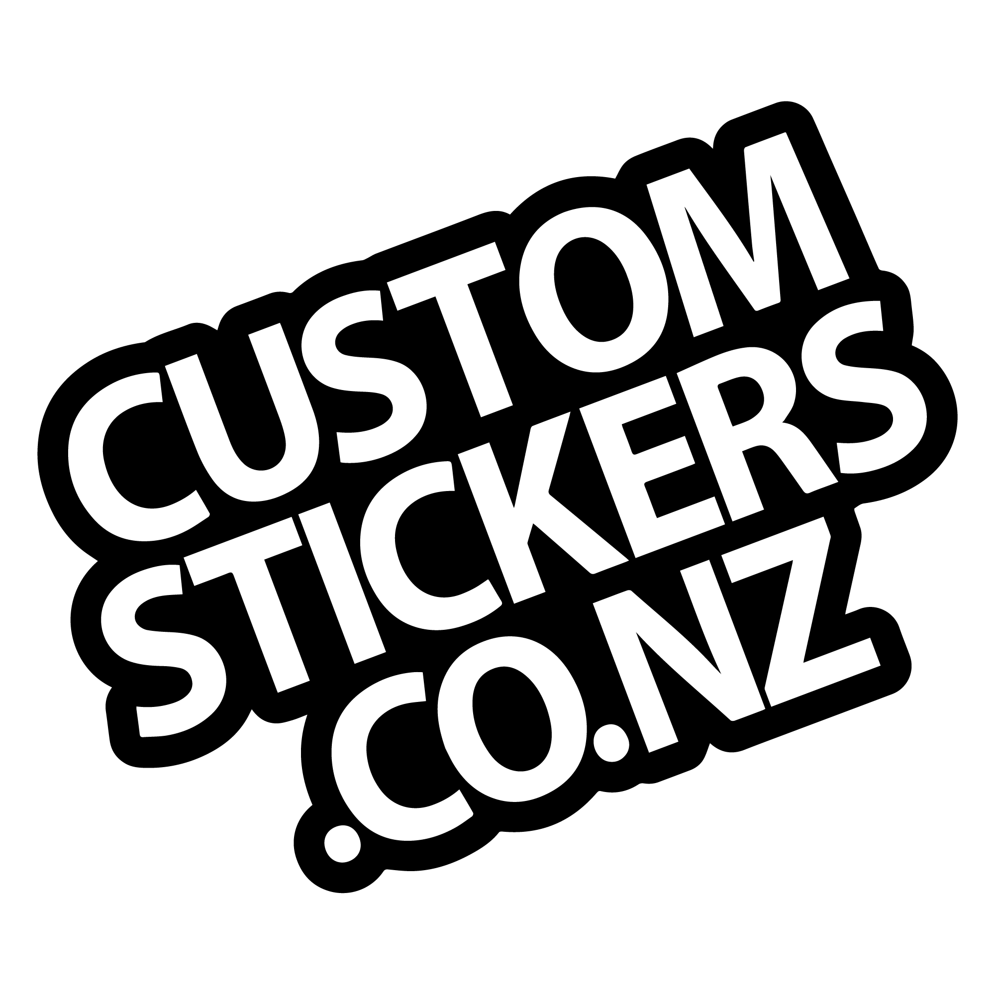 Black and white logo for Custom Stickers.co.nz on a white background