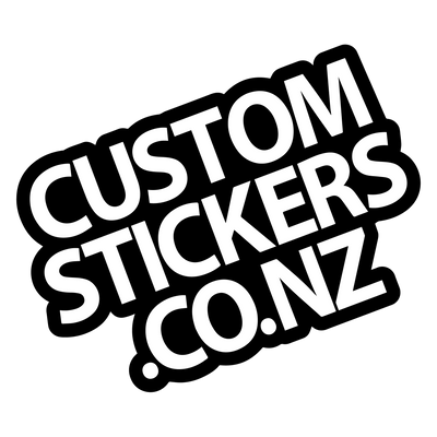 Black and white logo for Custom Stickers.co.nz on a white background