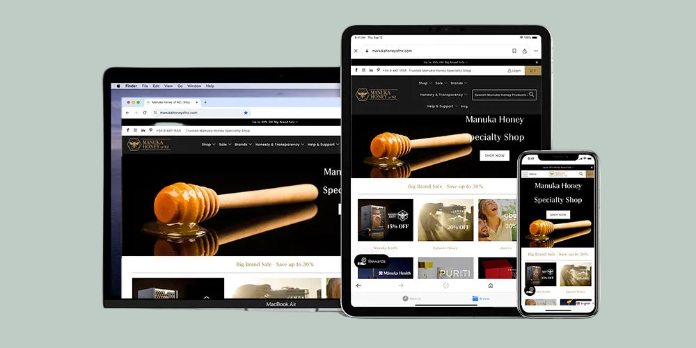 Laptop, tablet, and smartphone displaying a website with a honey dipper product.
